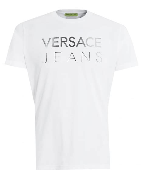 versace jeansmens white t-shirt slim fit silver logo text tee|versace jeans couture outlet.